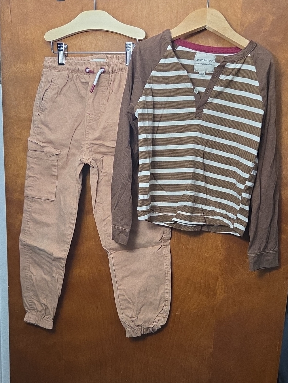 Striped Brown Long-Sleeve Top and Tan Cargo Jogger Set